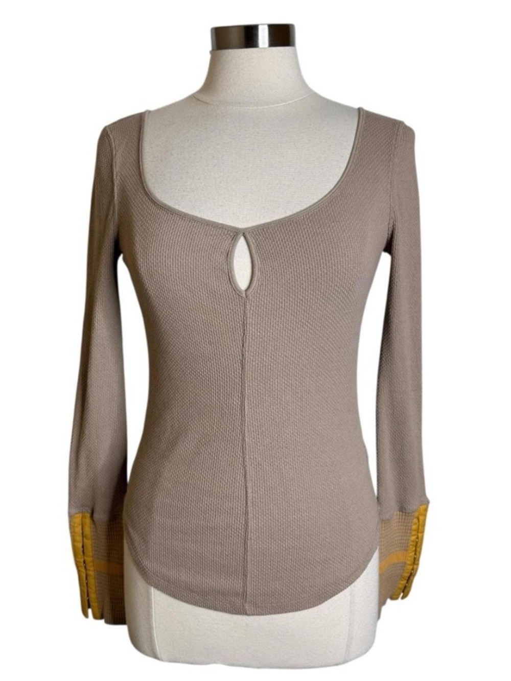 Free People We The Free Taupe Mod Stripe Long Sleeve Top with Mustard Cuffs